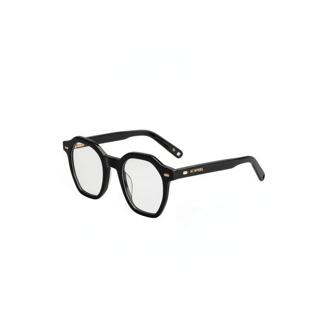 Black acetate square eyeglasses with clear lenses and gold brand lettering on the temple, shown on a plain white background.
