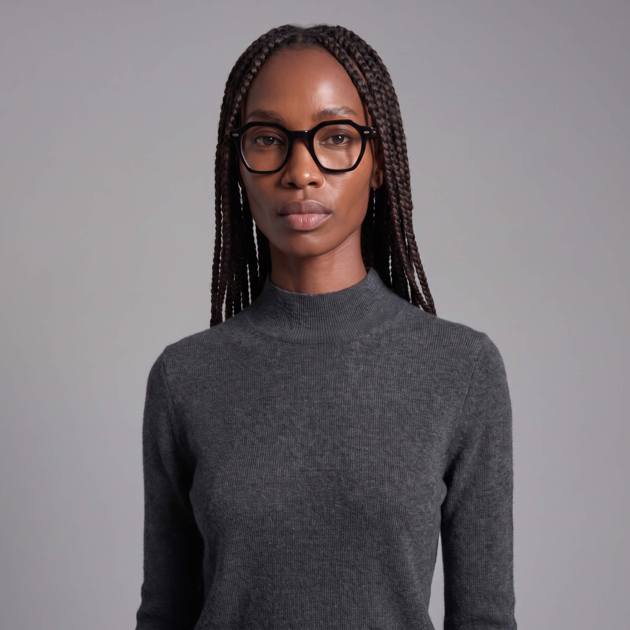 A woman with long dark braids wearing black-rimmed eyeglasses and a dark gray mock-neck knit sweater, photographed against a solid gray studio background.