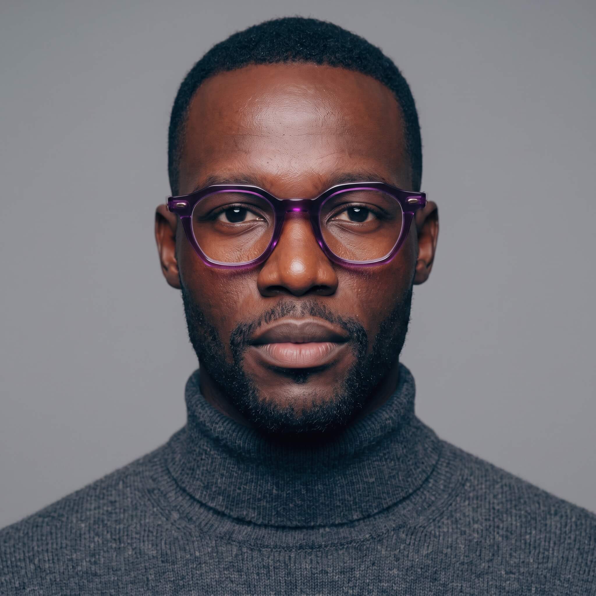 A close-up portrait of a man with short dark hair, a trimmed beard, and  haze 46mm geometric purple-framed eyeglasses, wearing a dark gray turtleneck sweater against a plain gray background.