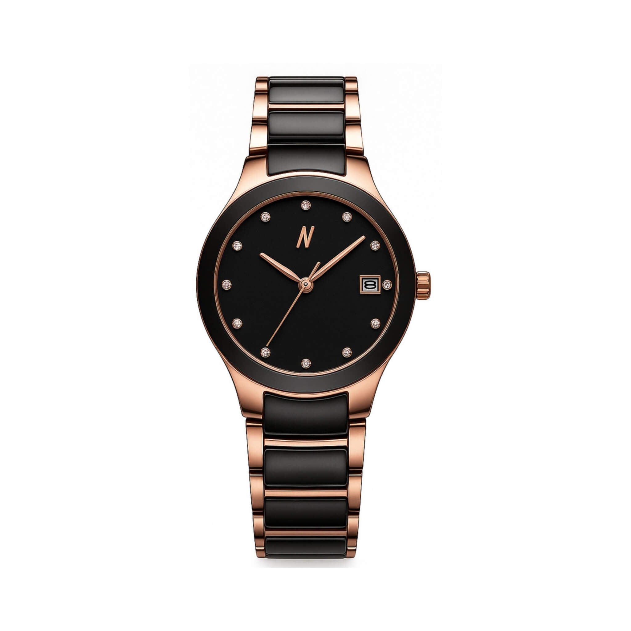 NCMPRBL Petite Link Miracle Quartz Ceramic Watch, 34mm, Black and Rose Gold
