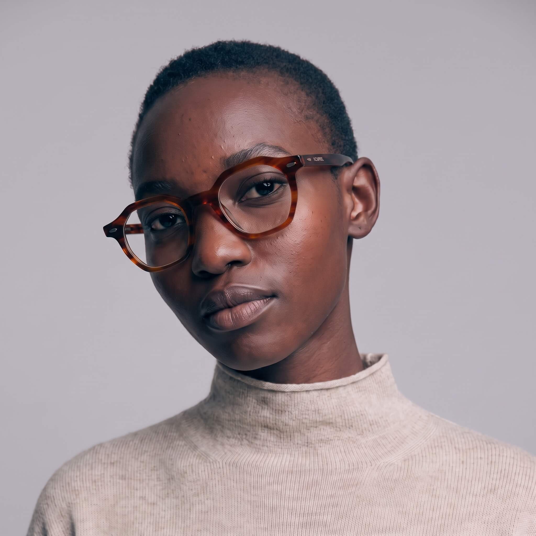 A close-up portrait of a model with short dark hair wearing geometric oakwood 46mm eyeglasses and a beige ribbed turtleneck sweater, set against a solid light gray background.