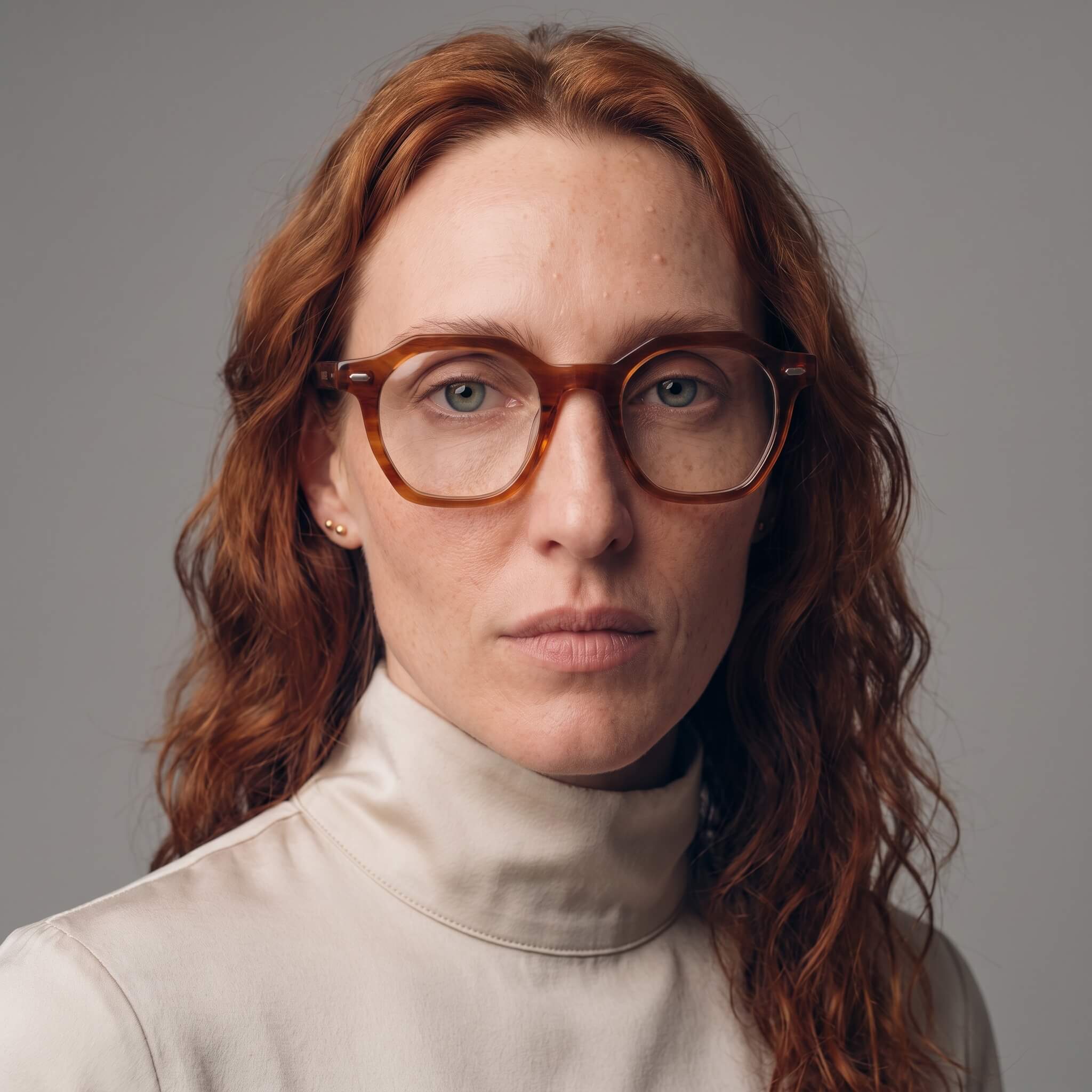 A close-up portrait of a woman with red hair wearing thick, round brown acetate oakwood 46mm eyeglasses and a cream-colored turtleneck top, set against a solid gray studio background.
