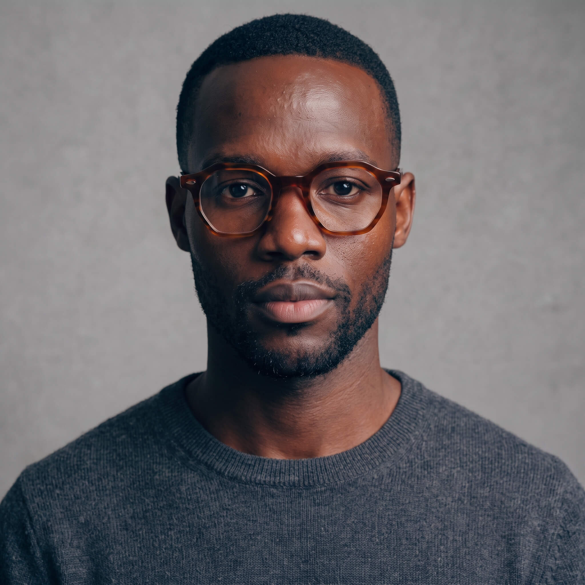 A man with short black hair and a trimmed beard wearing round brown oakwood 46mm eyeglasses and a dark gray crewneck sweater, photographed against a neutral textured gray background.