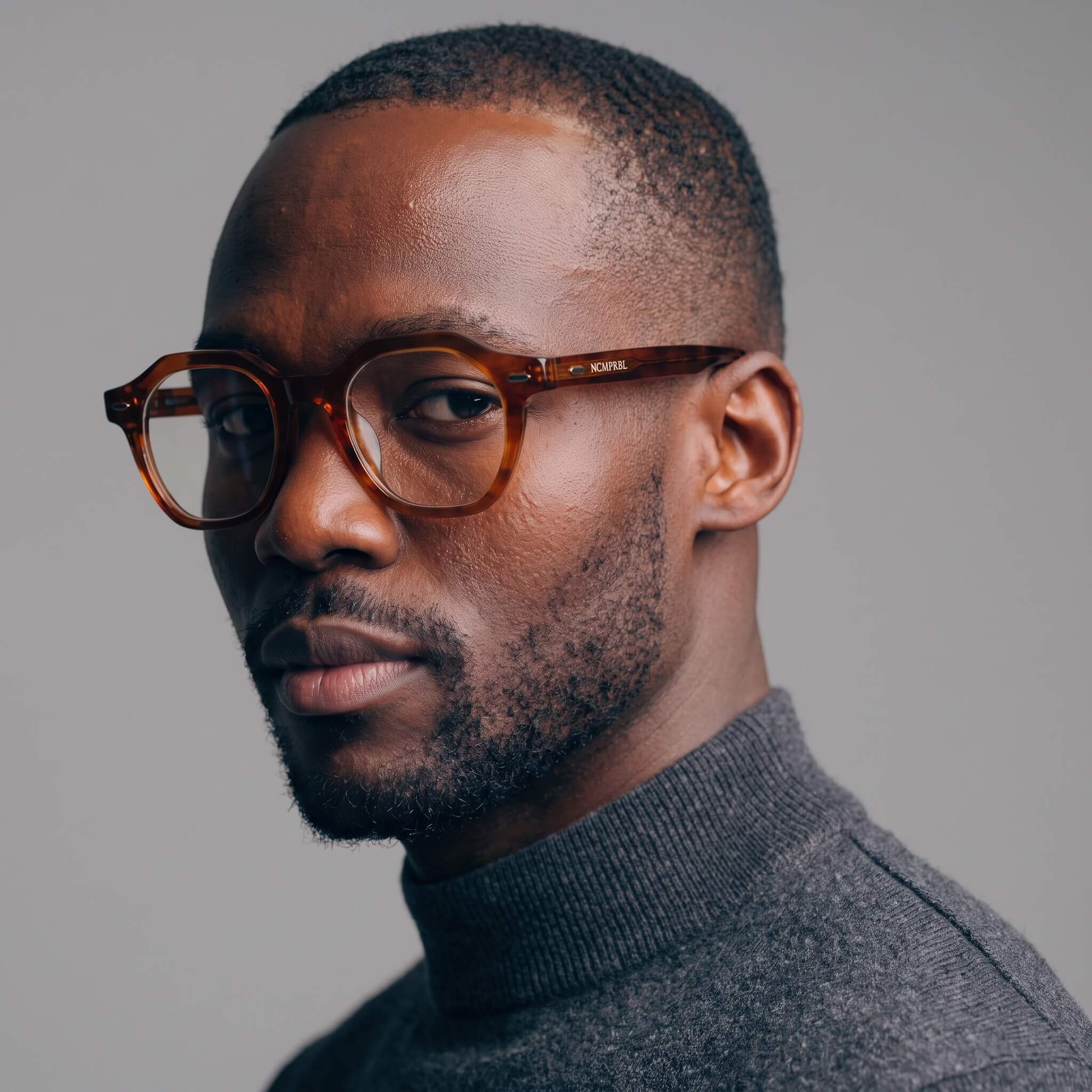 A man wearing tortoiseshell geometric oakwood 46mm eyeglasses with a dark gray turtleneck sweater, photographed in a studio setting against a solid gray background.