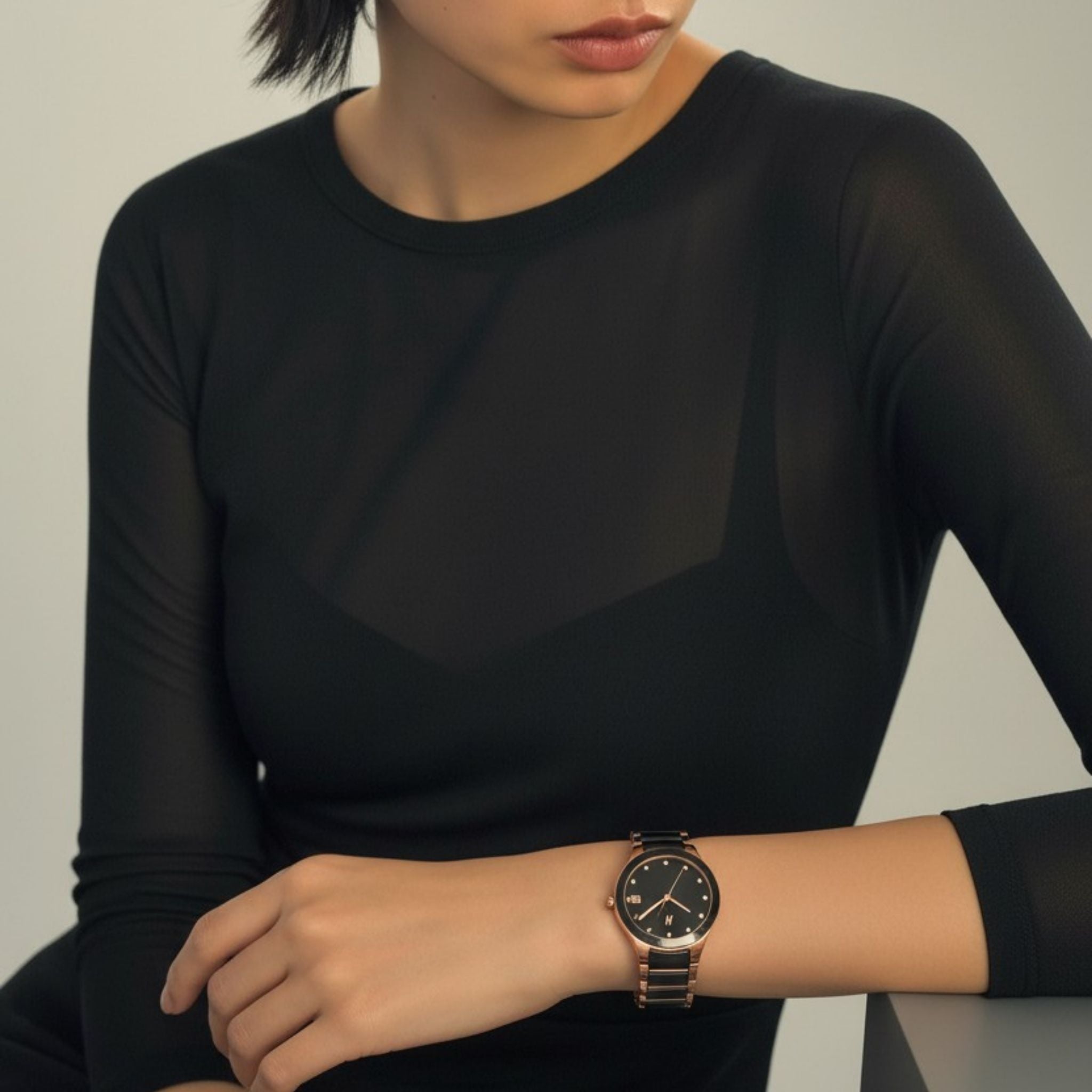 NCMPRBL Petite Link Miracle Quartz Ceramic Watch, 34mm, Black and Rose Gold