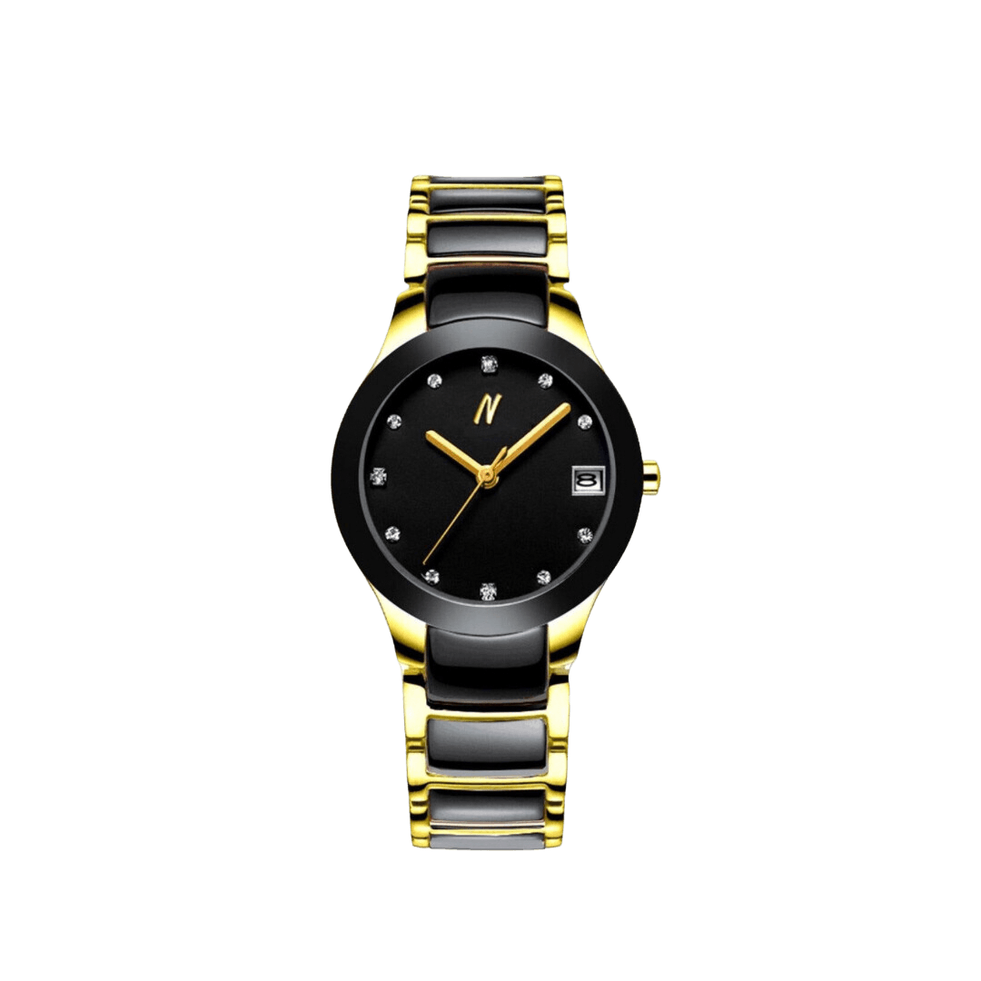 NCMPRBL Women's Petite Link Queen Black and Gold Ceramic Watch 34MM Quartz