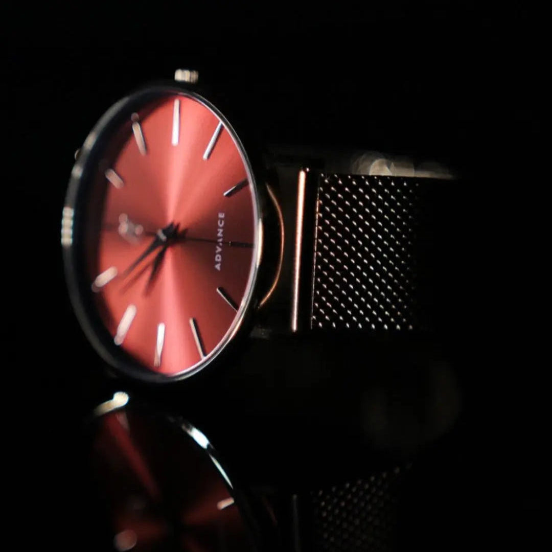 Advance XO 36MM Unisex Mesh Watch in Rose Gold and Red