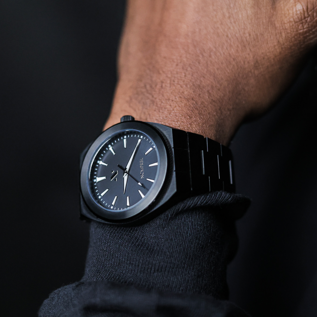 Elevate Link Phantom 42MM Mens Swiss Quartz Movement Watch In Brushed Matte Black and Silver On Wrist