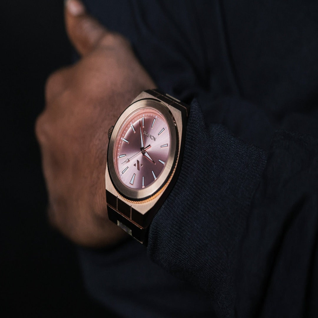 Elevate Link Rosé 42MM Mens Watch in Brushed Rose Gold and Sunray